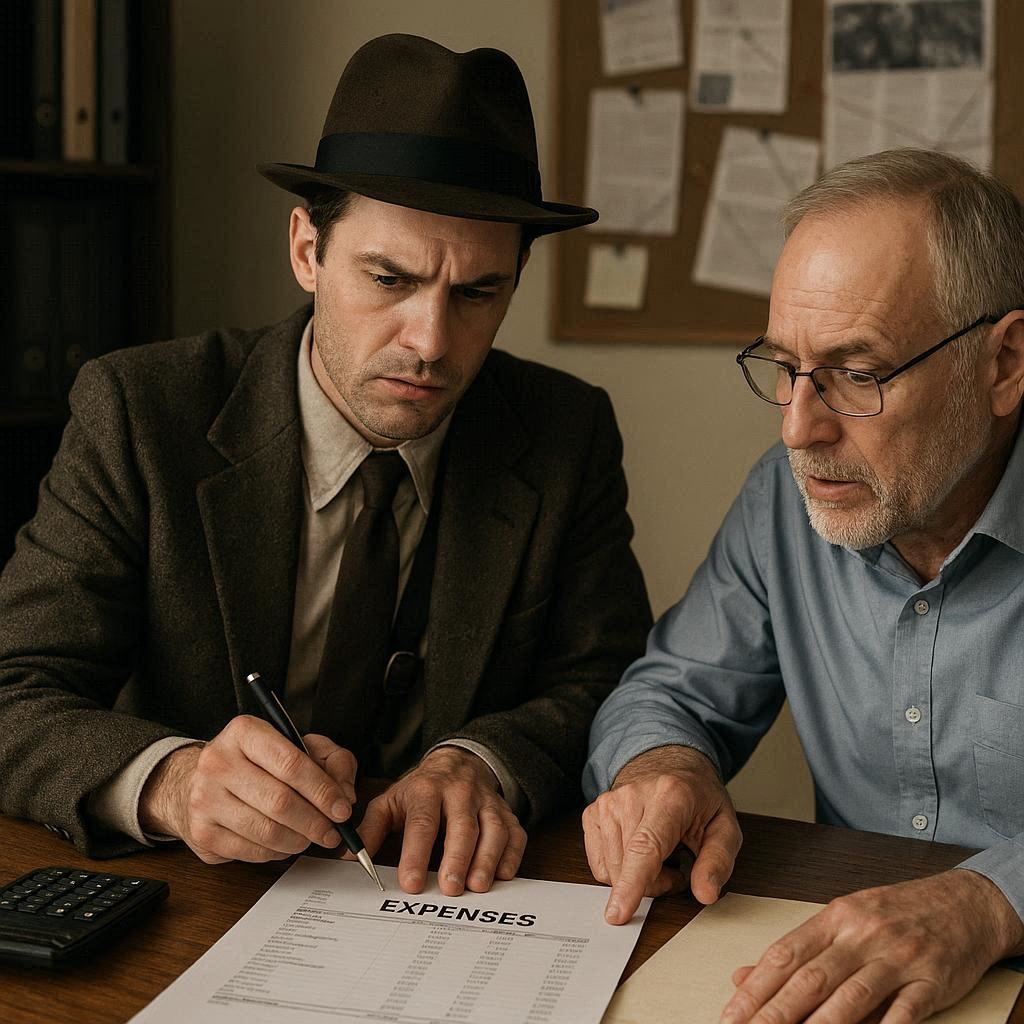 Detektyw rozmawia z klientem o wydatkach