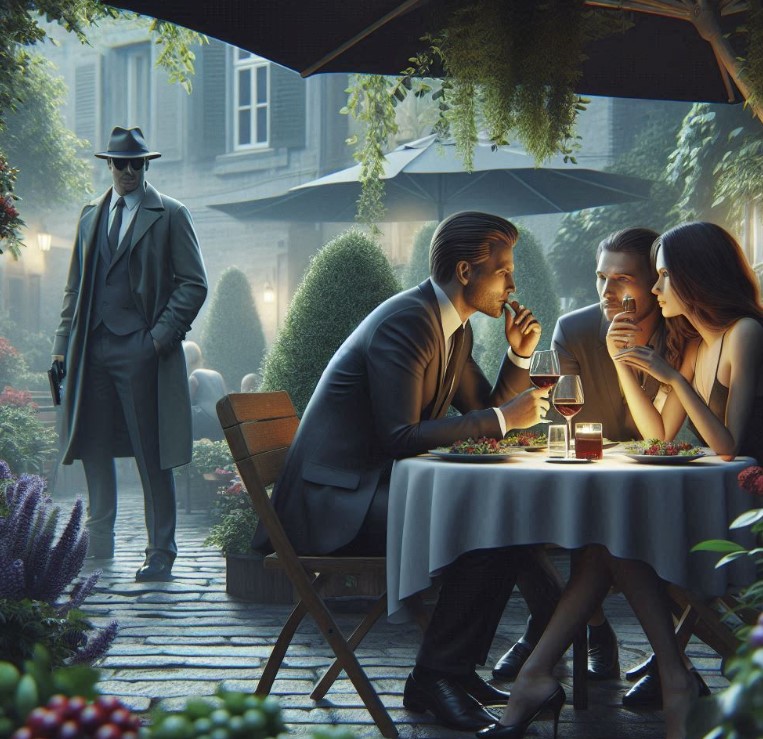detektyw obserwujący trójkę osób siedzących w ogródku restauracji i pijących wino