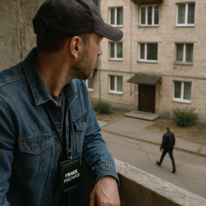 Detektyw patrzący z balkonu na idącego mężczyznę