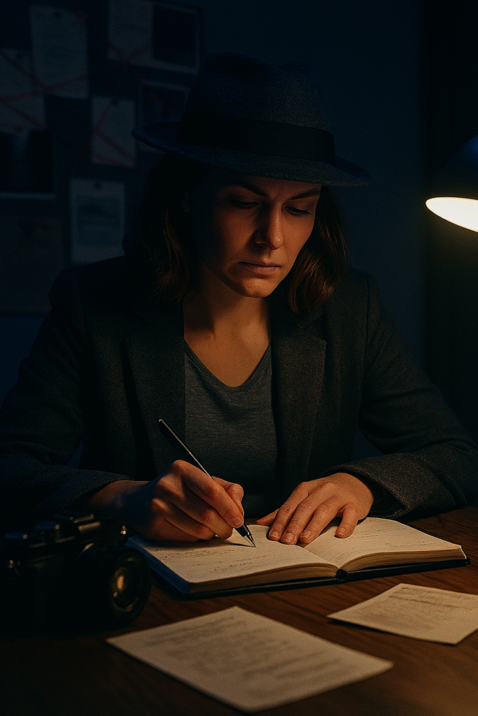 Pani detektyw pracująca nad notatkami