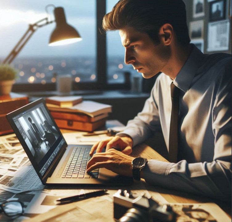 Detektyw pracujący przy laptopie