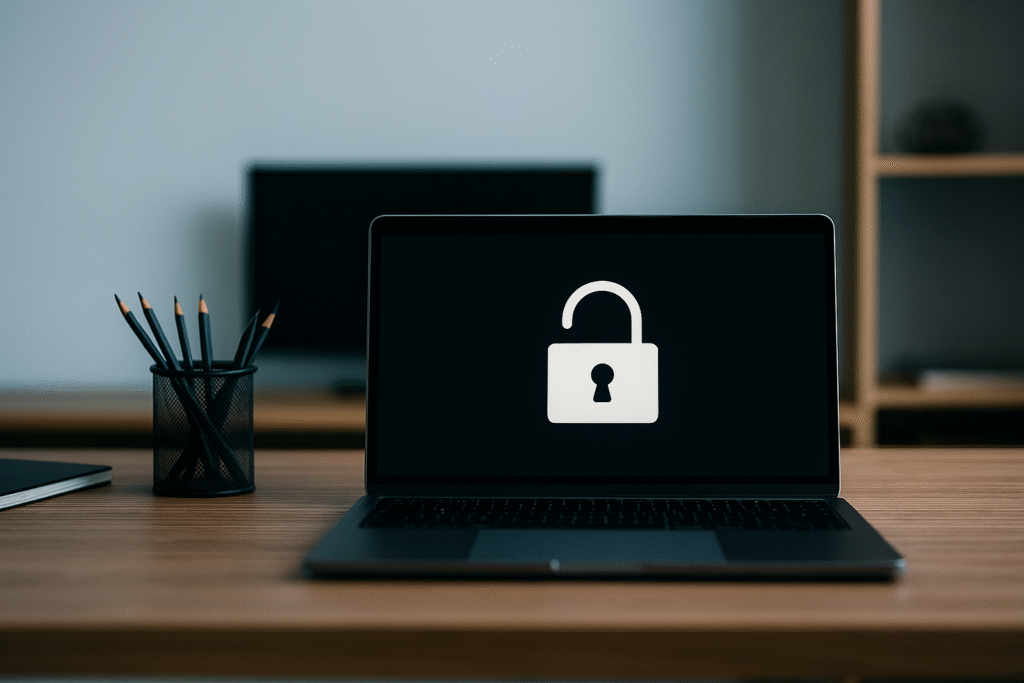 Laptop z kłódką na biurku