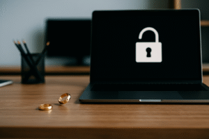Laptop i obrączki na stole