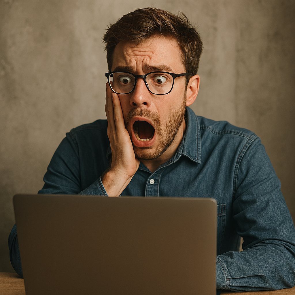 Przerażony mężczyzna patrzy na ekran laptopa