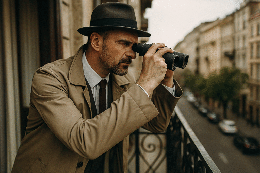 Detektyw obserwujący z balkonu