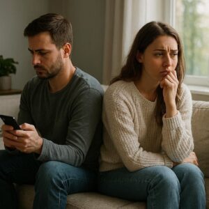 Dwoje młodych ludzi plecami do siebie