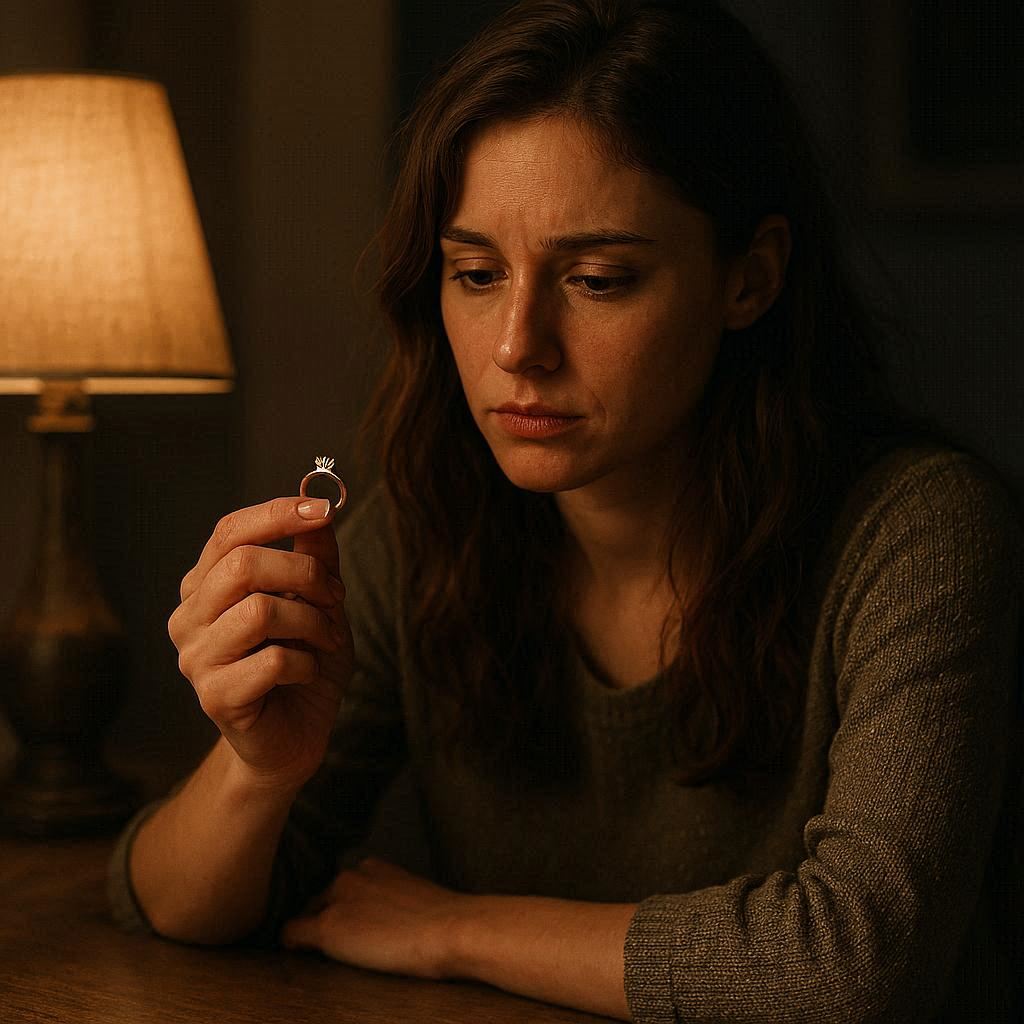 Smutna młoda dziewczyna patrzy na pierścionek zaręczynowy